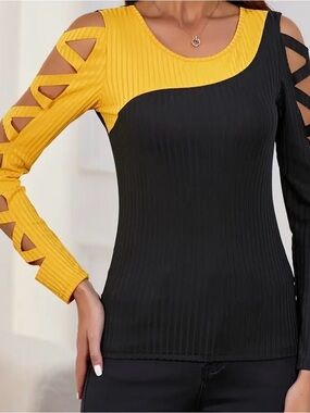 Women’s Two-Tone Cutout Long Sleeve Top - Yellow & Black